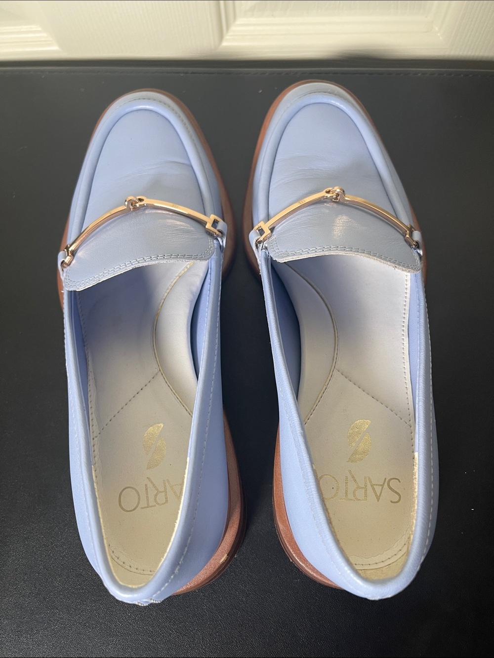 SARTO By Franco Sarto Powder Blue Leather Loafers with Gold Bit - Picture 7 of 10
